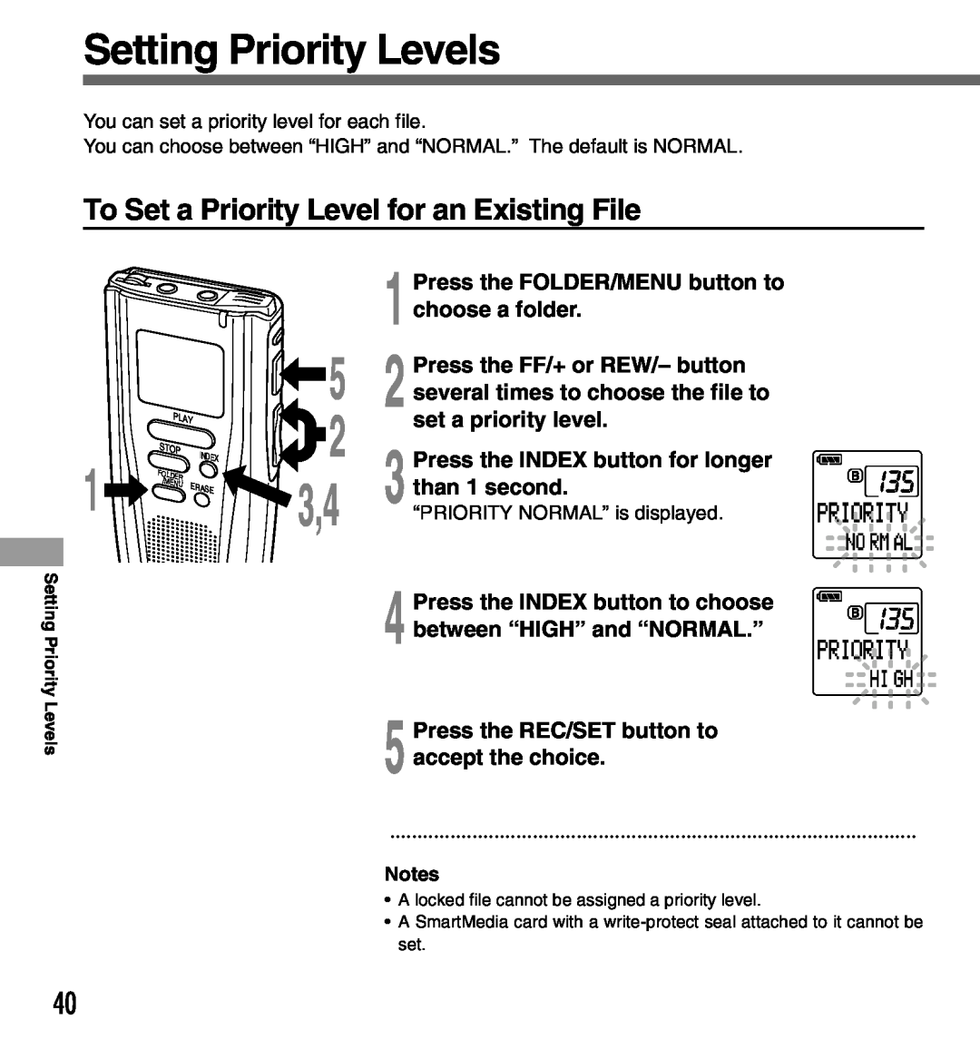 Olympus DS-3000 Setting Priority Levels, To Set a Priority Level for an Existing File, set a priority level, than 1 second 