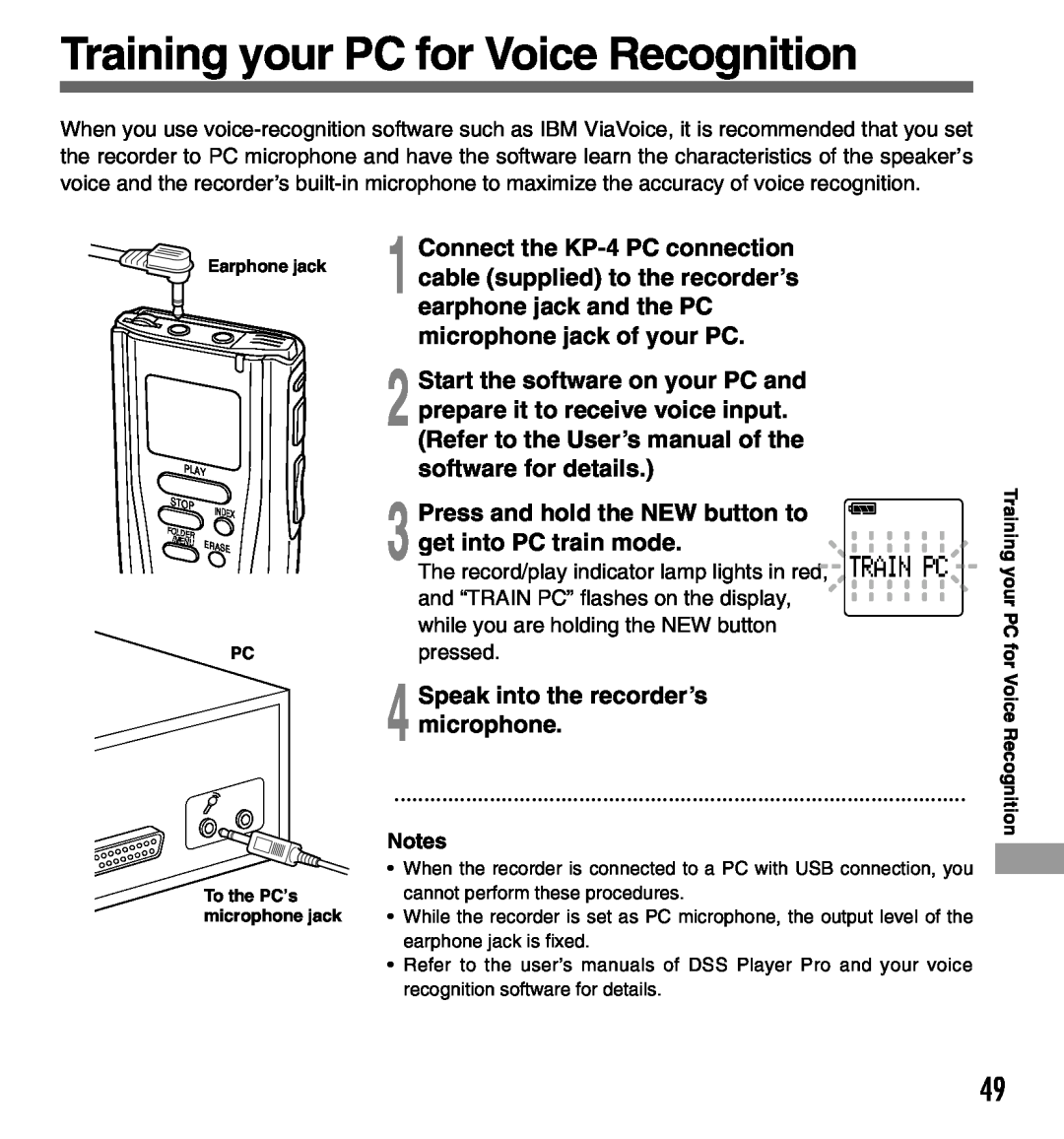Olympus DS-3000 manual Training your PC for Voice Recognition, To the PC’s microphone jack 