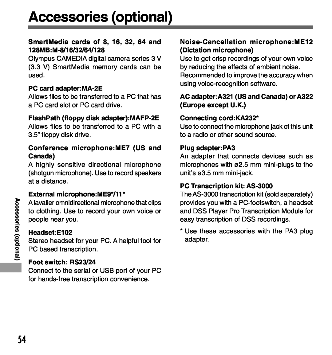 Olympus DS-3000 Accessories optional, SmartMedia cards of 8, 16, 32, 64 and 128MBM-8/16/32/64/128, PC card adapterMA-2E 