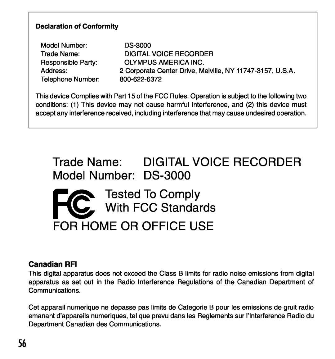 Olympus manual Canadian RFI, Trade Name DIGITAL VOICE RECORDER Model Number DS-3000 