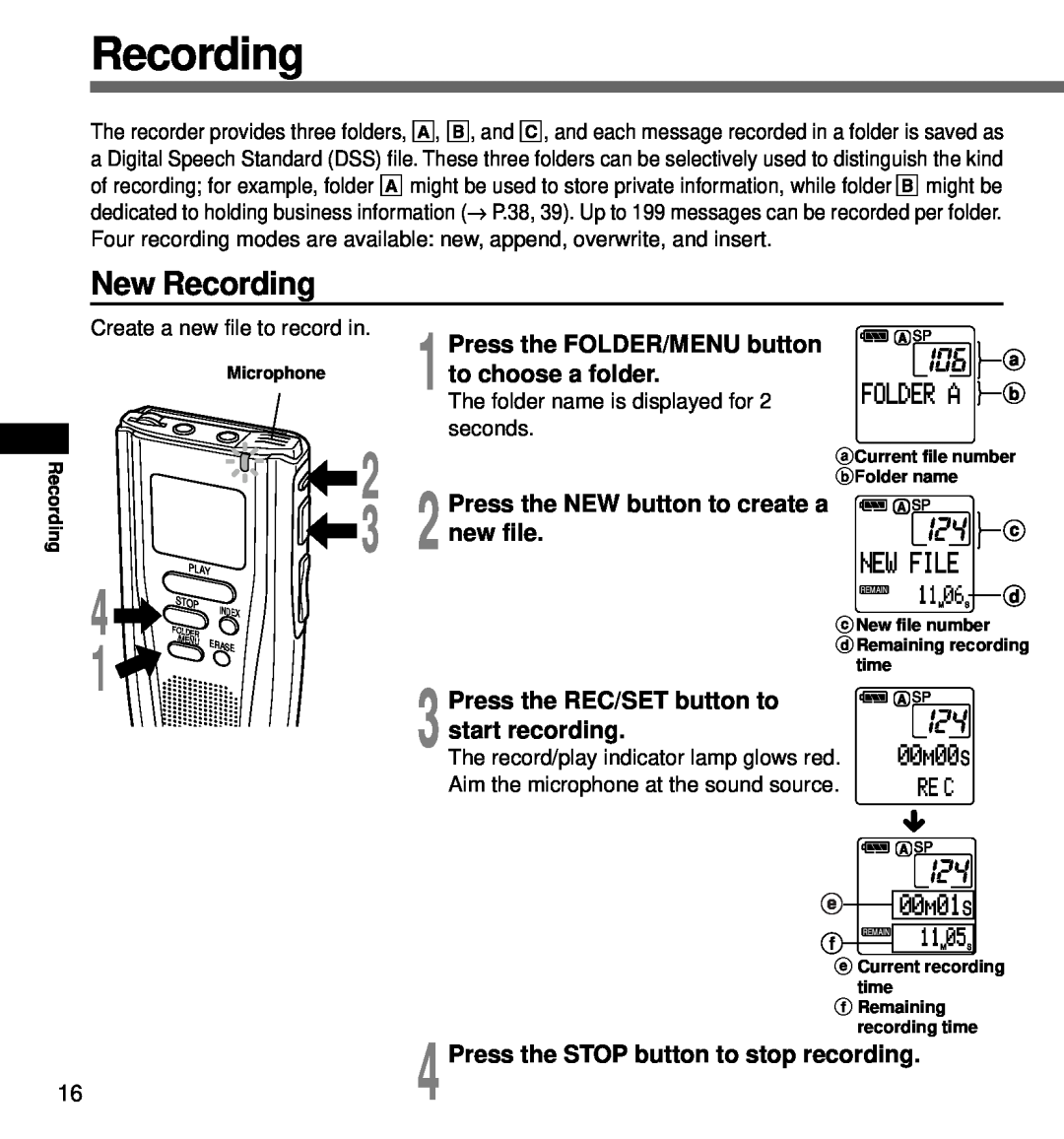 Olympus DS-3000 manual New Recording, Press the FOLDER/MENU button to choose a folder 