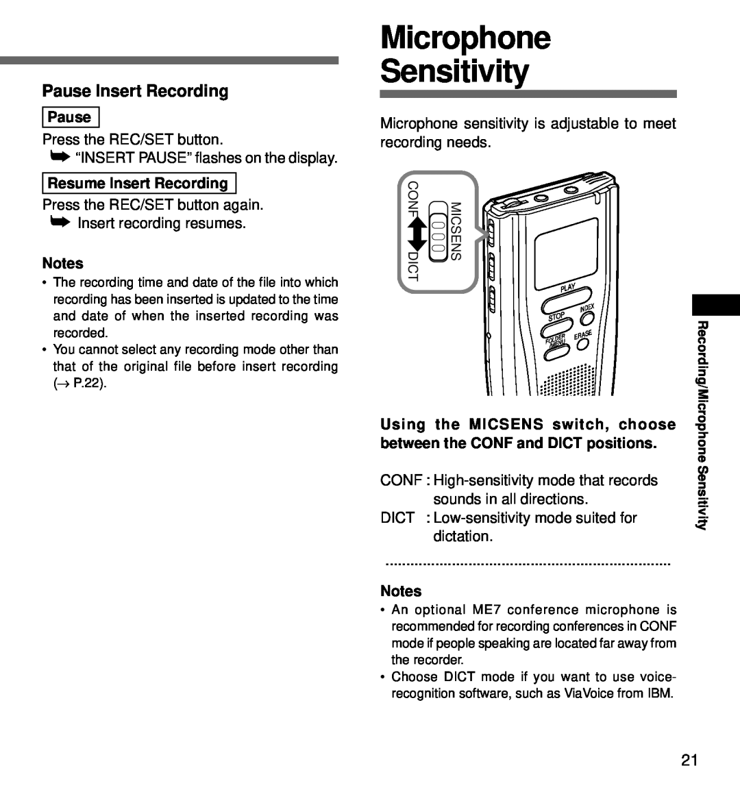 Olympus DS-3000 manual Microphone Sensitivity, Pause Insert Recording, Resume Insert Recording 