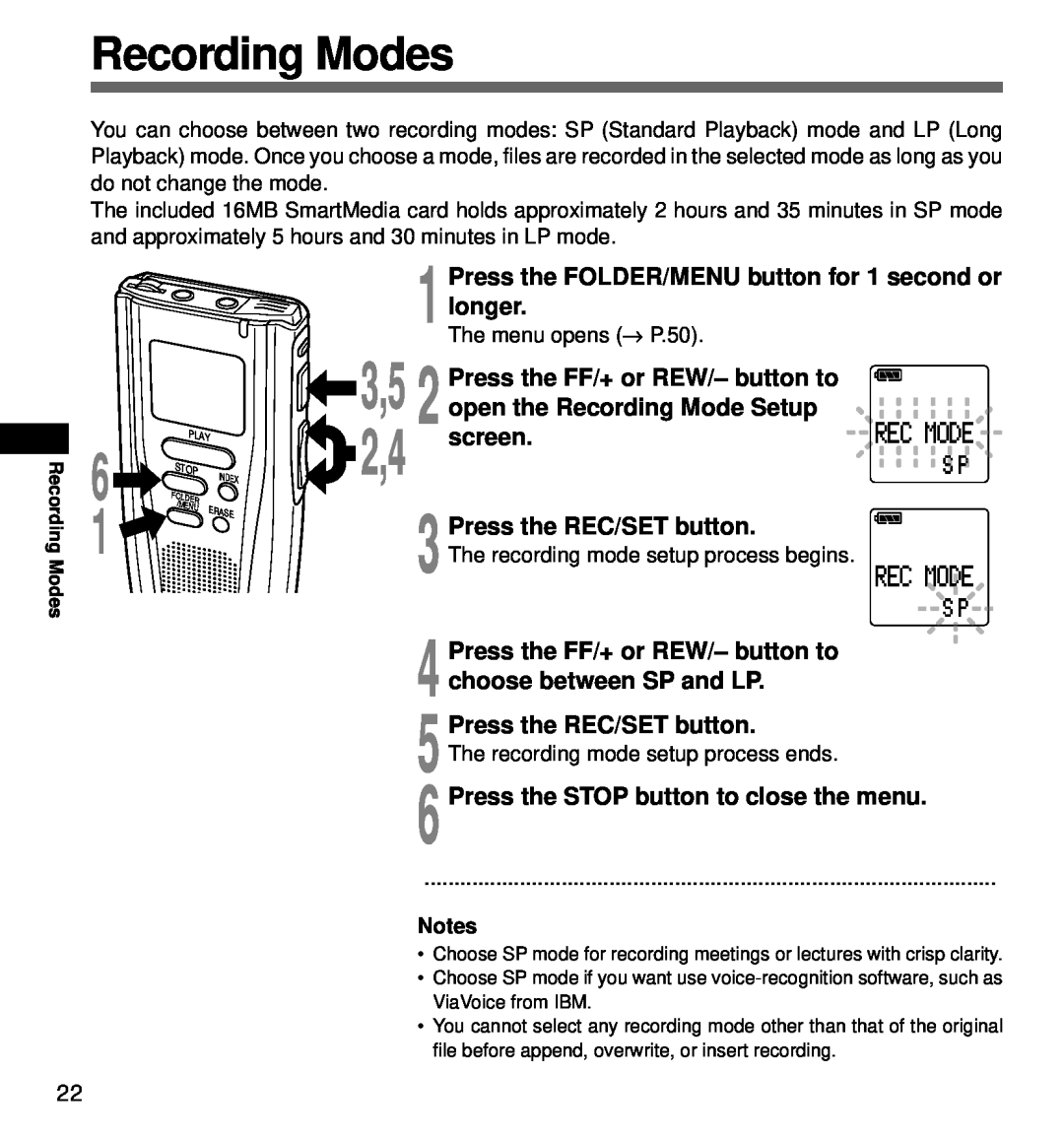 Olympus DS-3000 Recording Modes, Press the FOLDER/MENU button for 1 second or longer, Press the REC/SET button, 3,5 2,4 