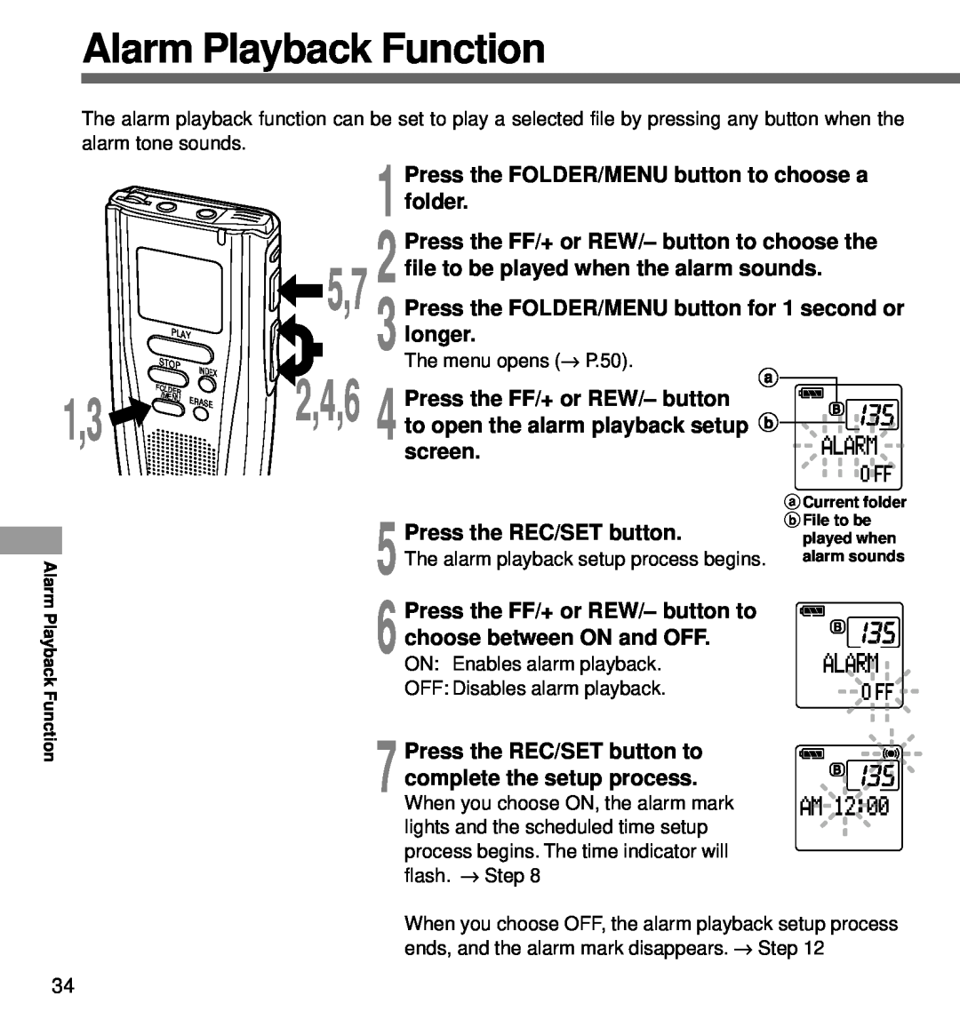 Olympus DS-3000 Alarm Playback Function, 2,4,6, Press the FOLDER/MENU button to choose a folder, Stop, Folder, Menu, Erase 
