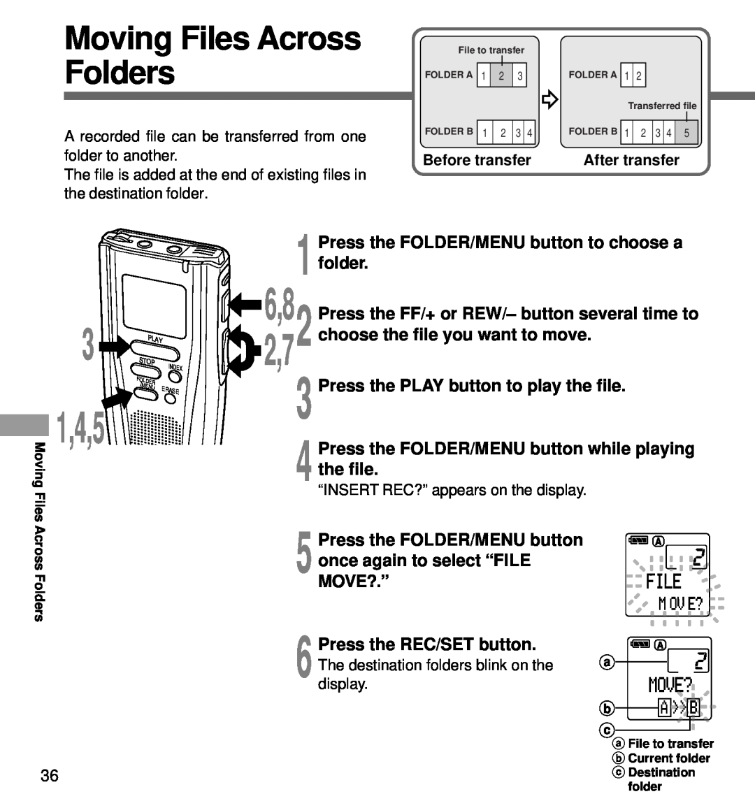 Olympus DS-3000 manual 1,4,5, Moving Files Across Folders, Press the FOLDER/MENU button to choose a, folder 