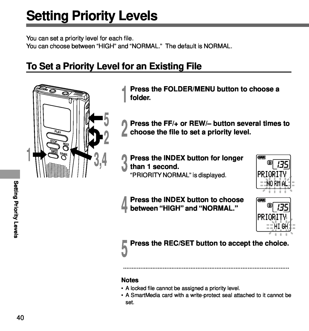 Olympus DS-3000 Setting Priority Levels, To Set a Priority Level for an Existing File, Play, Stop, Menu, Erase, Index 