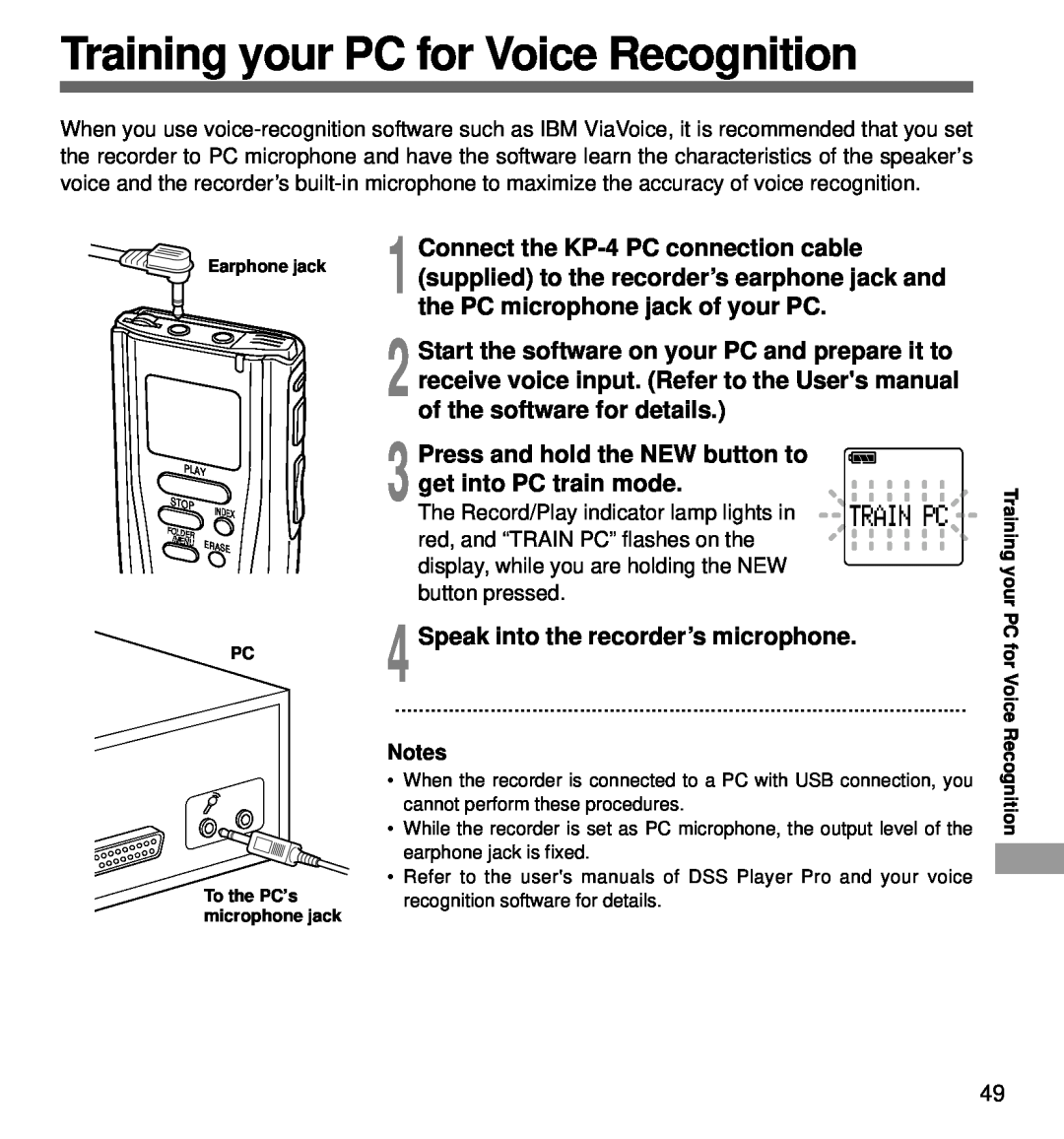 Olympus DS-3000 manual Training your PC for Voice Recognition, Press and hold the NEW button to get into PC train mode 