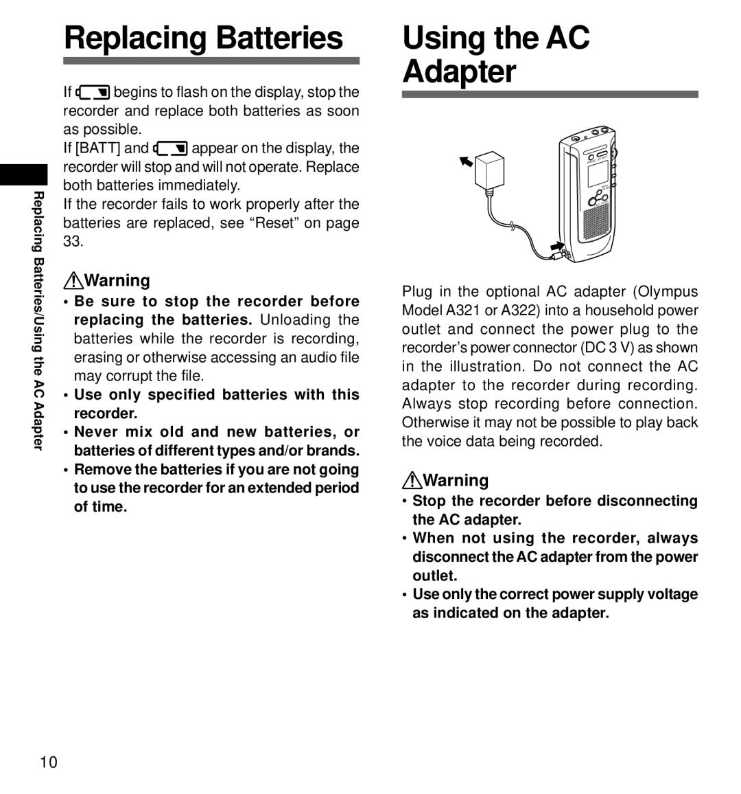 Olympus DS-320 manual Replacing Batteries, Using the AC Adapter 