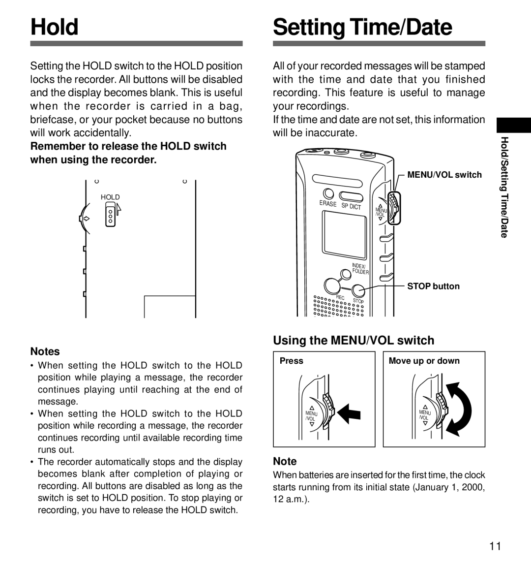 Olympus DS-320 manual Hold, Setting Time/Date, Using the MENU/VOL switch 