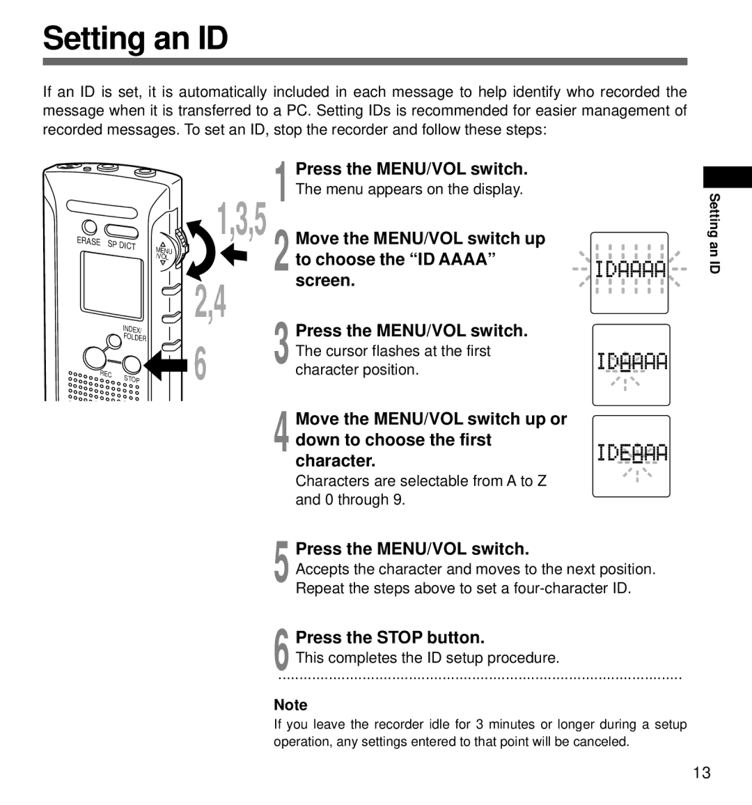 Olympus DS-320 manual Setting an ID, Screen Press the MENU/VOL switch, Press the Stop button 