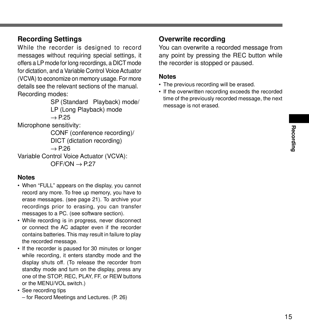 Olympus DS-320 manual Recording Settings, Overwrite recording 