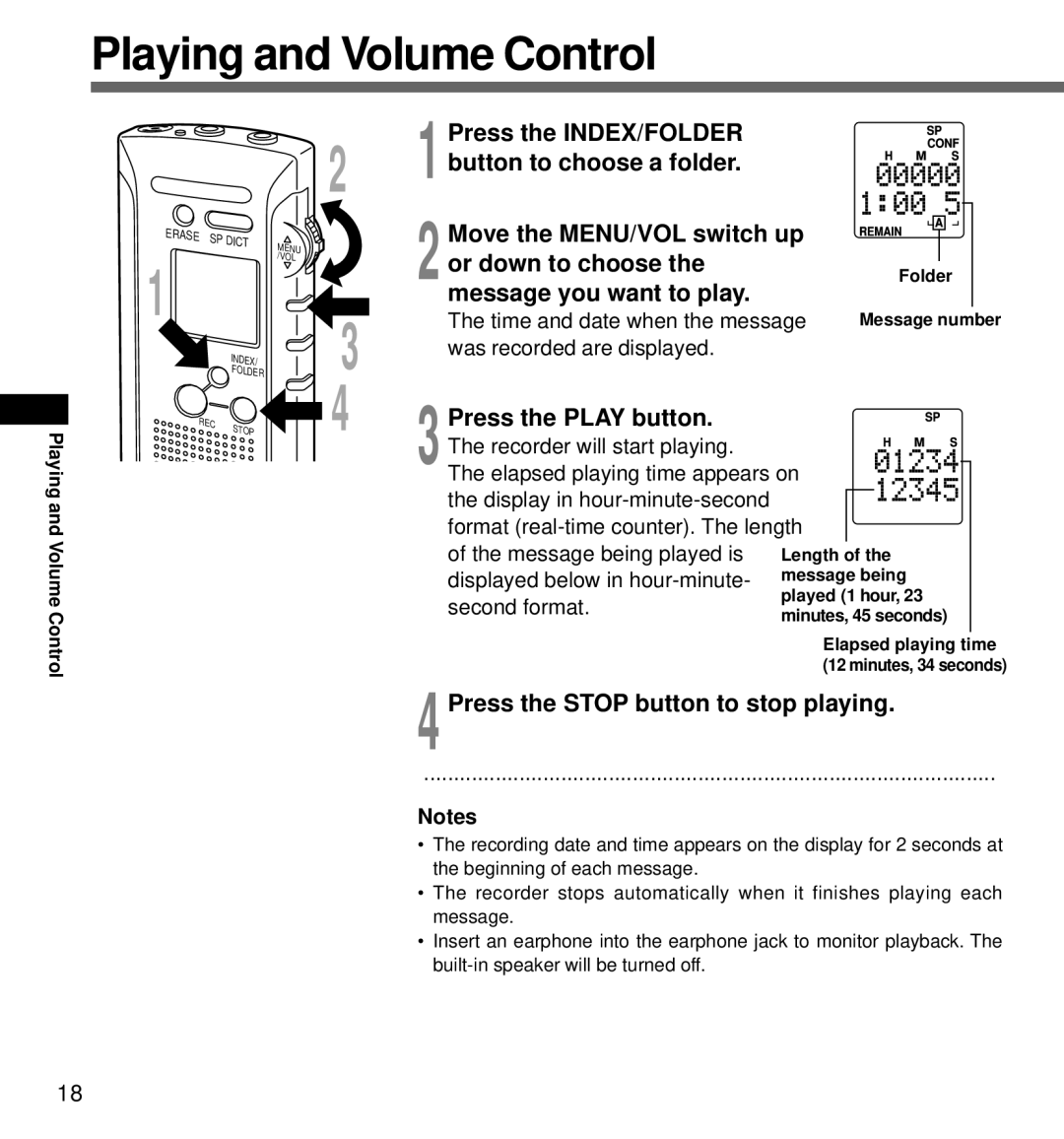 Olympus DS-320 manual Playing and Volume Control, Press the Stop button to stop playing 