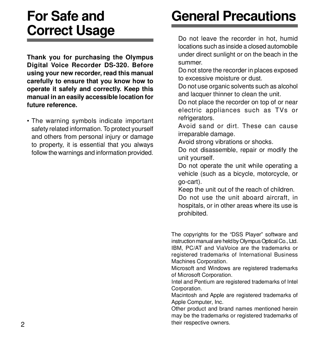 Olympus DS-320 manual For Safe Correct Usage, General Precautions 