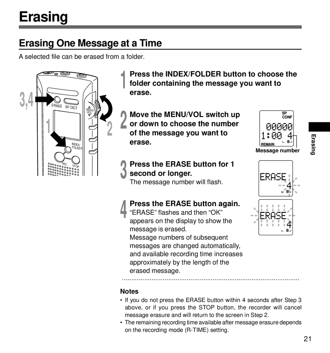 Olympus DS-320 Erasing One Message at a Time, Message you want to erase, Press the Erase button for Second or longer 