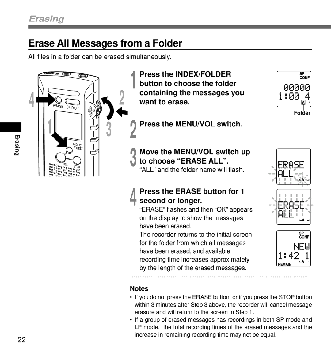 Olympus DS-320 manual Erase All Messages from a Folder, Move the MENU/VOL switch up, To choose Erase ALL 