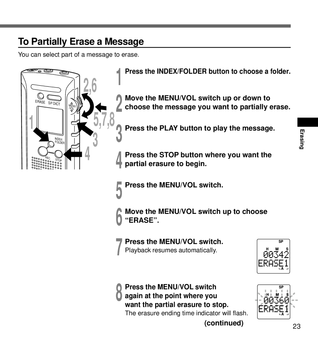 Olympus DS-320 manual To Partially Erase a Message, You can select part of a message to erase 