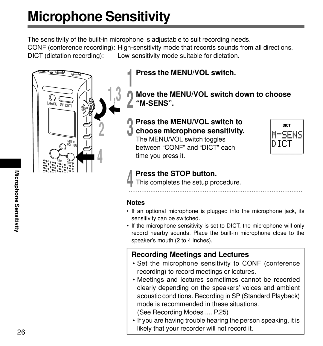 Olympus DS-320 Microphone Sensitivity, Press the MENU/VOL switch to, Choose microphone sensitivity, 4Press the Stop button 