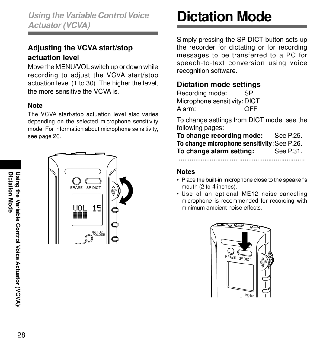 Olympus DS-320 manual Dictation Mode, Adjusting the Vcva start/stop actuation level, Dictation mode settings 