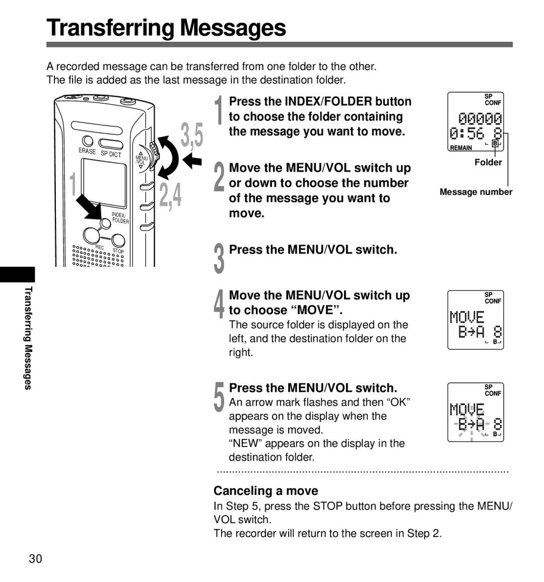 Olympus DS-320 manual Transferring Messages, To choose Move, Canceling a move 