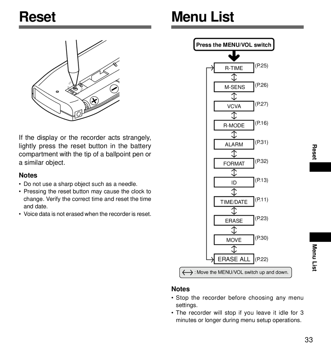 Olympus DS-320 manual Reset, Menu List 