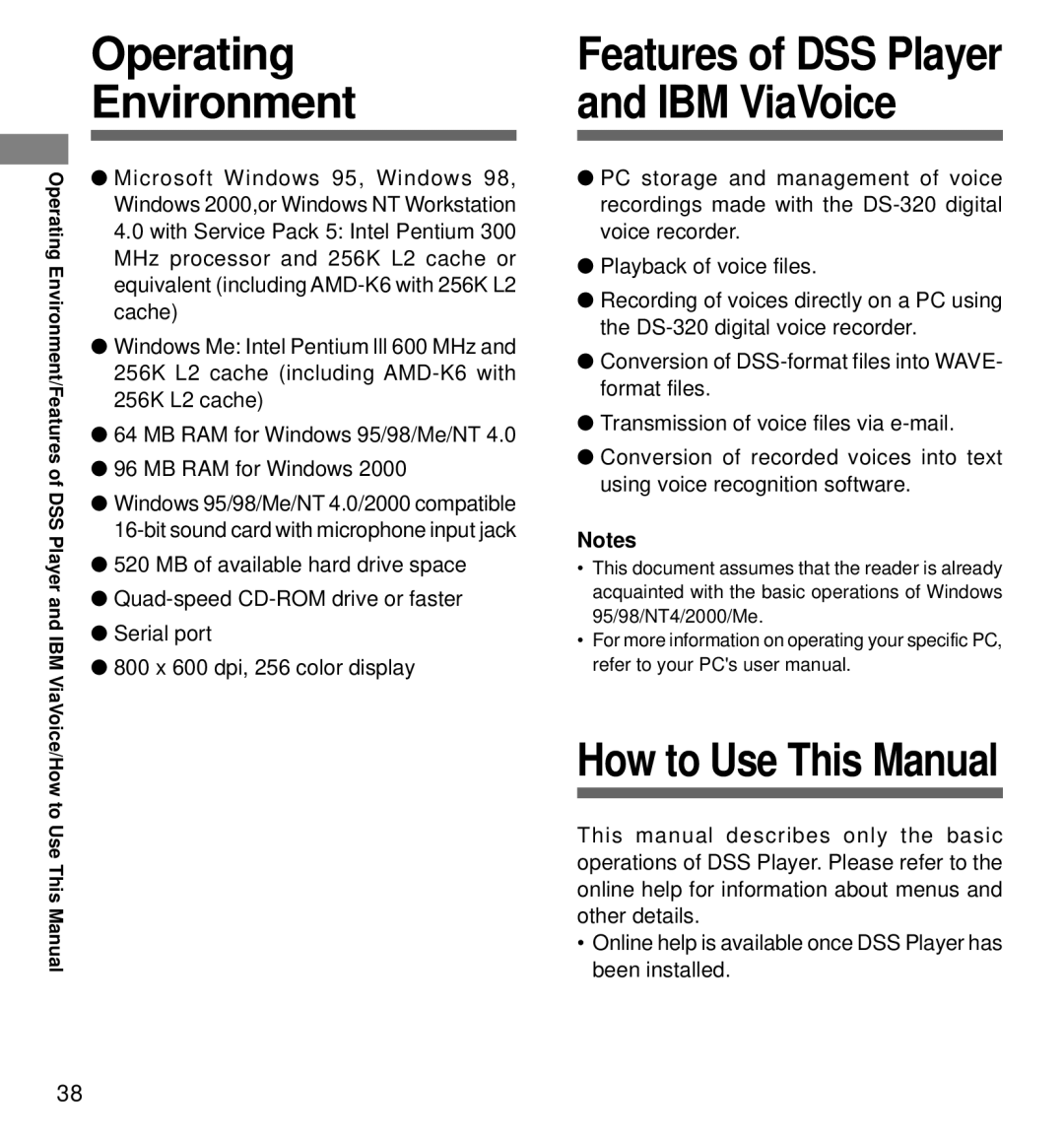 Olympus DS-320 manual Operating Environment, Features of DSS Player and IBM ViaVoice 