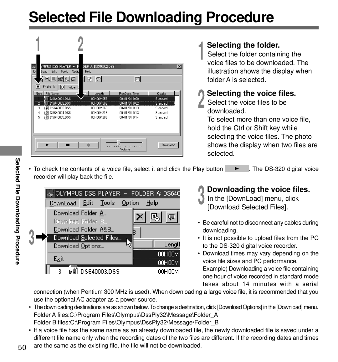 Olympus DS-320 manual Selected File Downloading Procedure, 2Selecting the voice files 