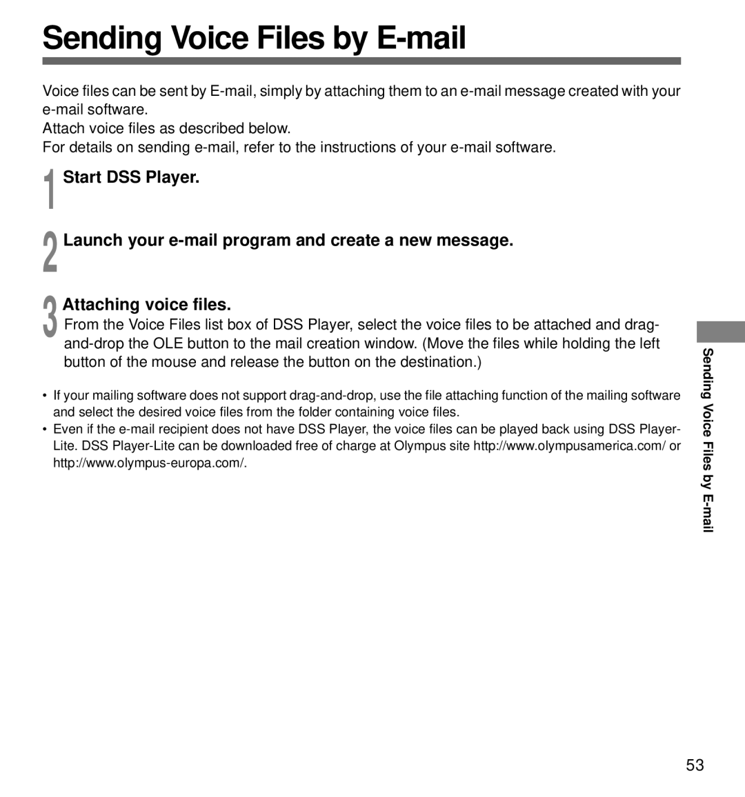 Olympus DS-320 manual Sending Voice Files by E-mail 