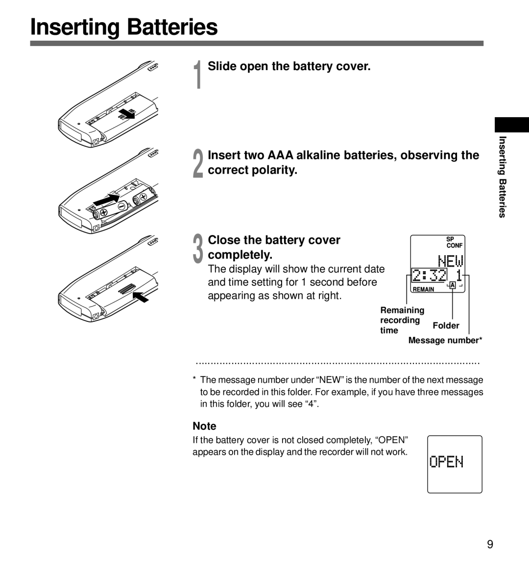 Olympus DS-320 manual Inserting Batteries, Remaining Recording Time Folder Message number 