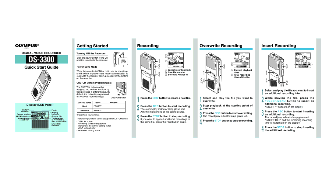 Olympus DS-3300 quick start Getting Started, Overwrite Recording Insert Recording, Display LCD Panel 