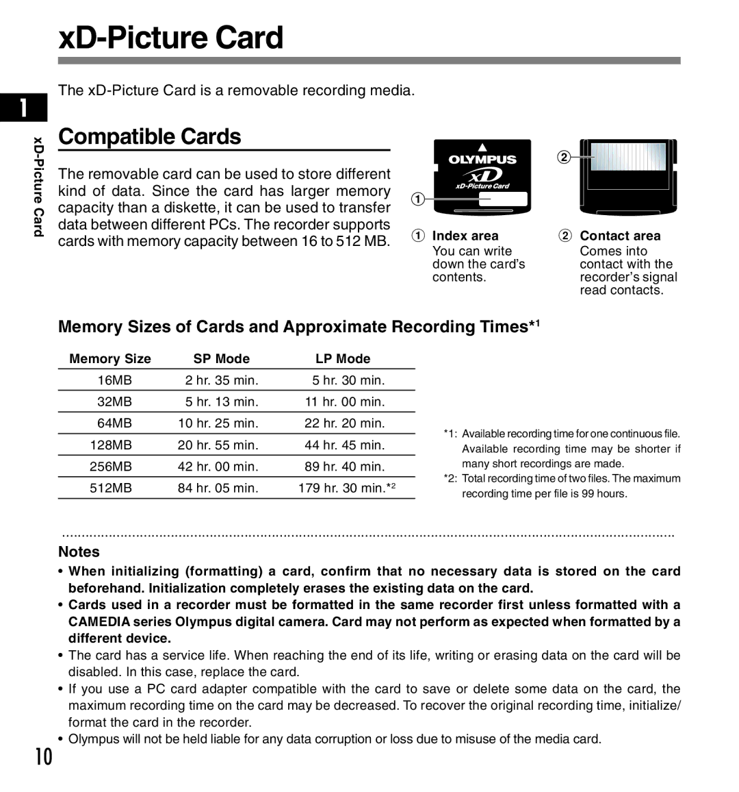 Olympus DS-3300 manual XD-Picture Card, Compatible Cards, Memory Sizes of Cards and Approximate Recording Times*1 