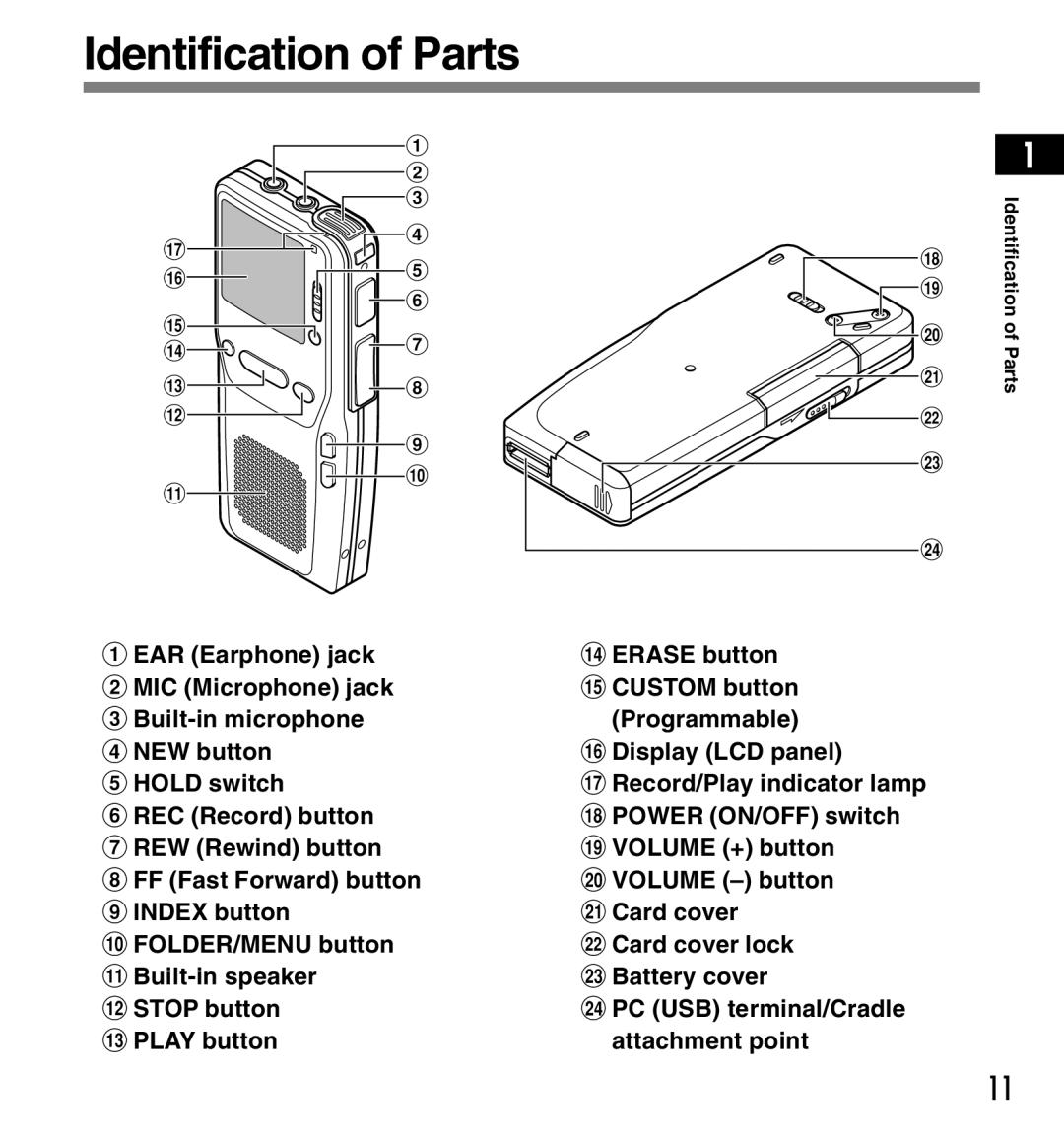 Olympus DS-3300 manual Identification of Parts, Identification Parts 