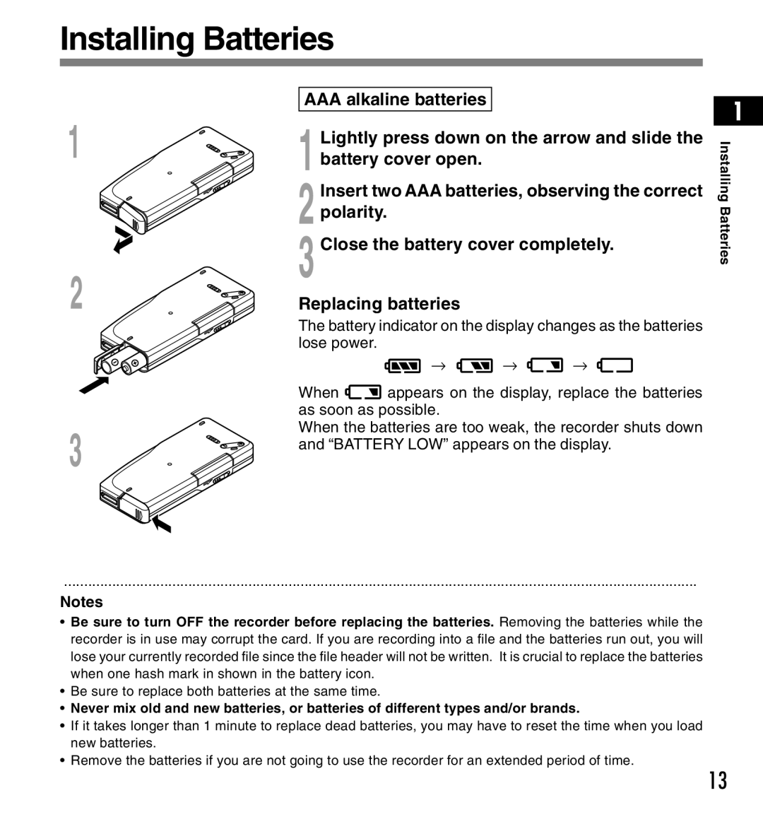 Olympus DS-3300 manual Installing Batteries 