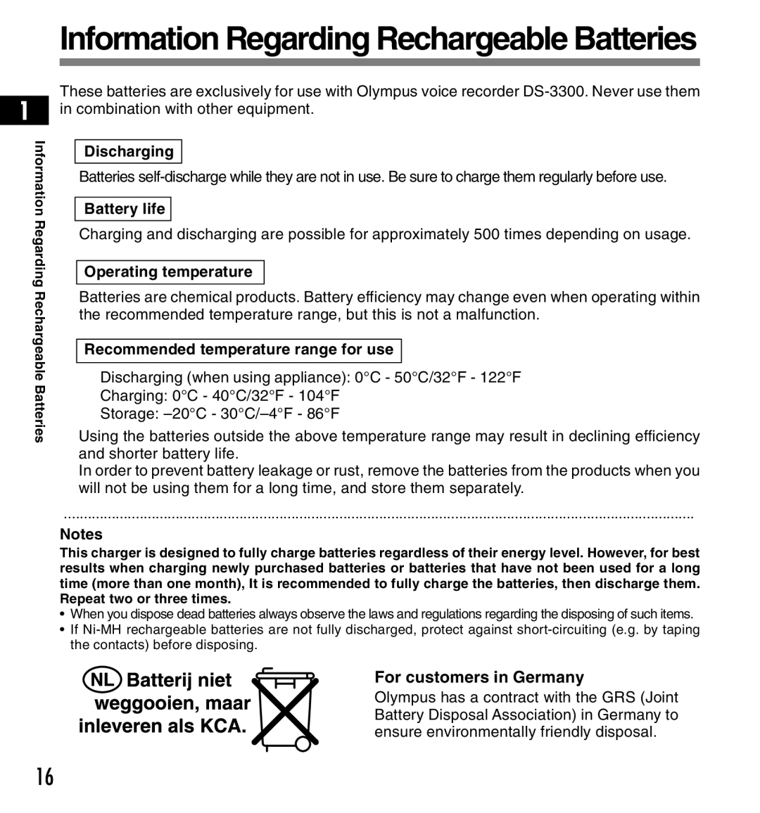 Olympus DS-3300 manual Discharging, Battery life, Operating temperature, Recommended temperature range for use 