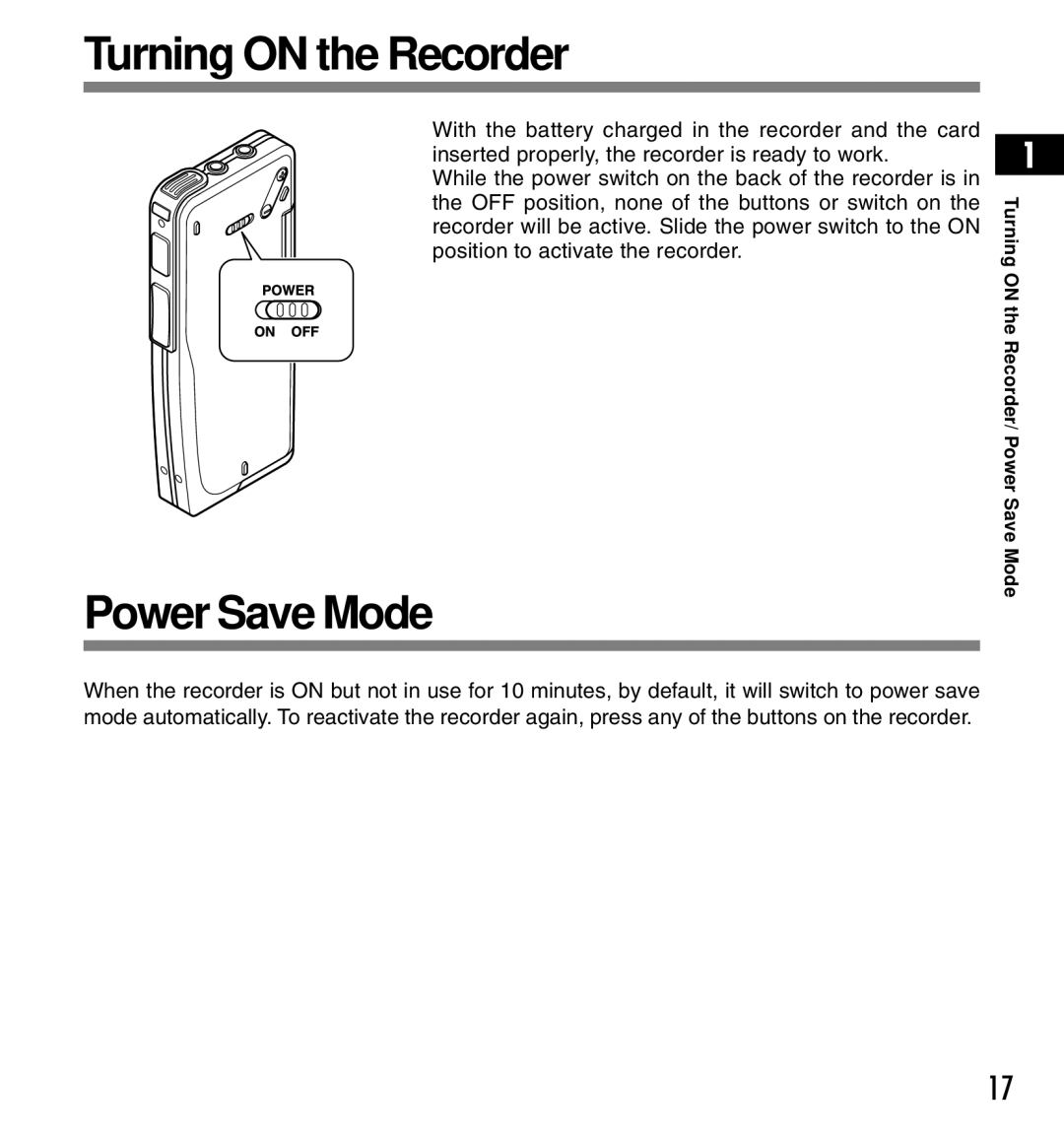 Olympus DS-3300 manual Turning on the Recorder, Turning on Recorder/ Power Save Mode 