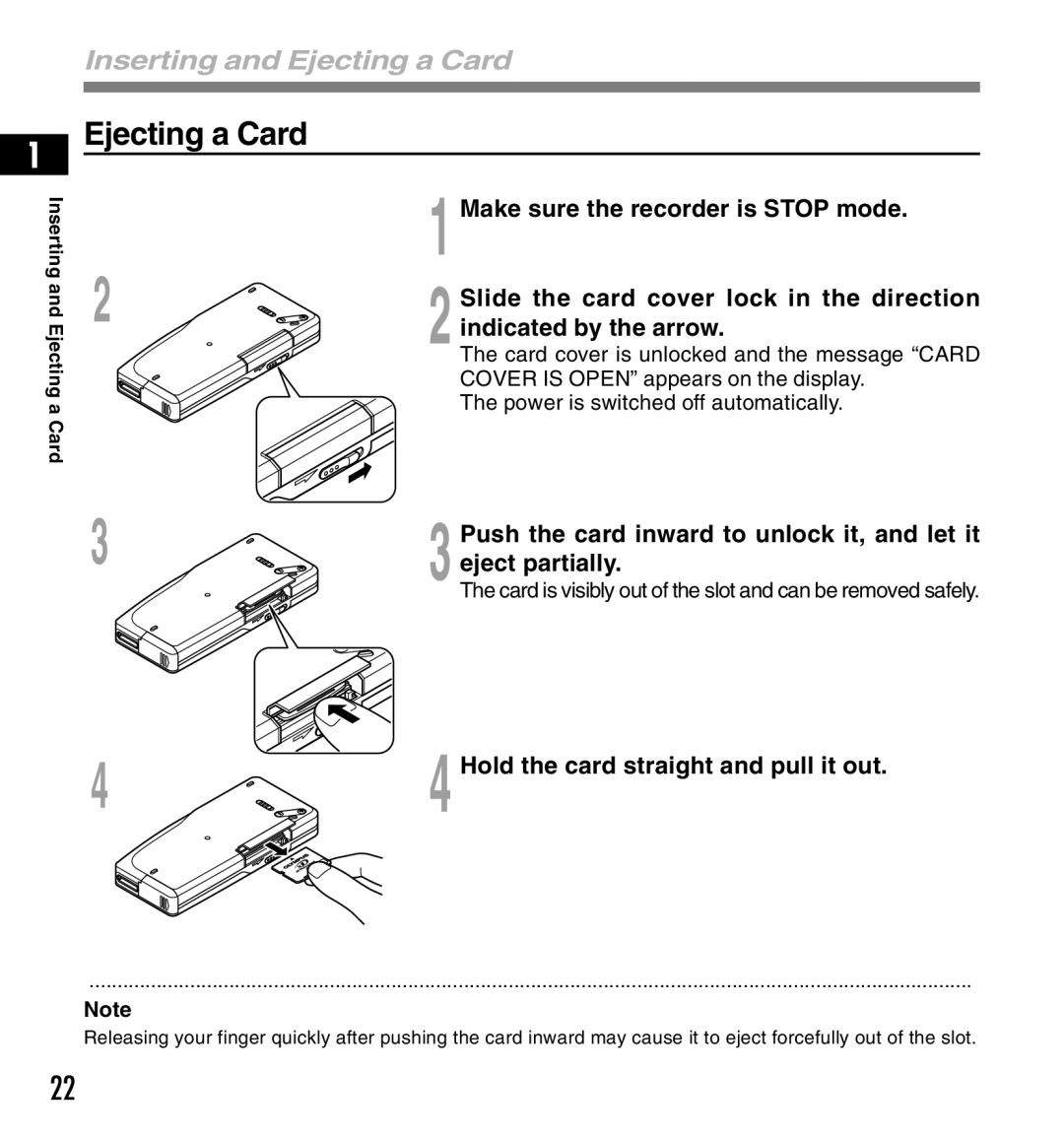 Olympus DS-3300 manual Ejecting a Card 