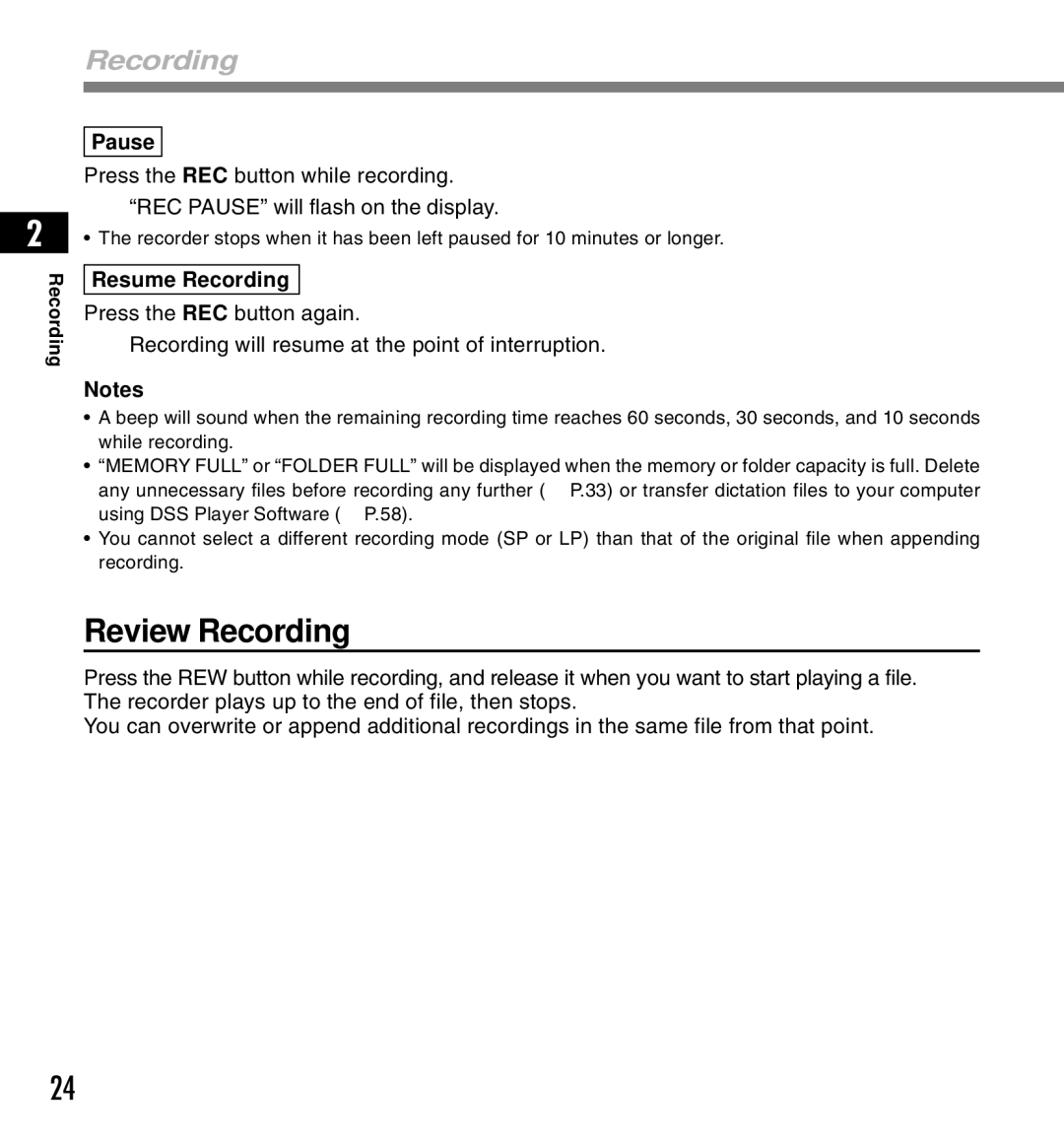 Olympus DS-3300 manual Review Recording, Pause, Resume Recording 