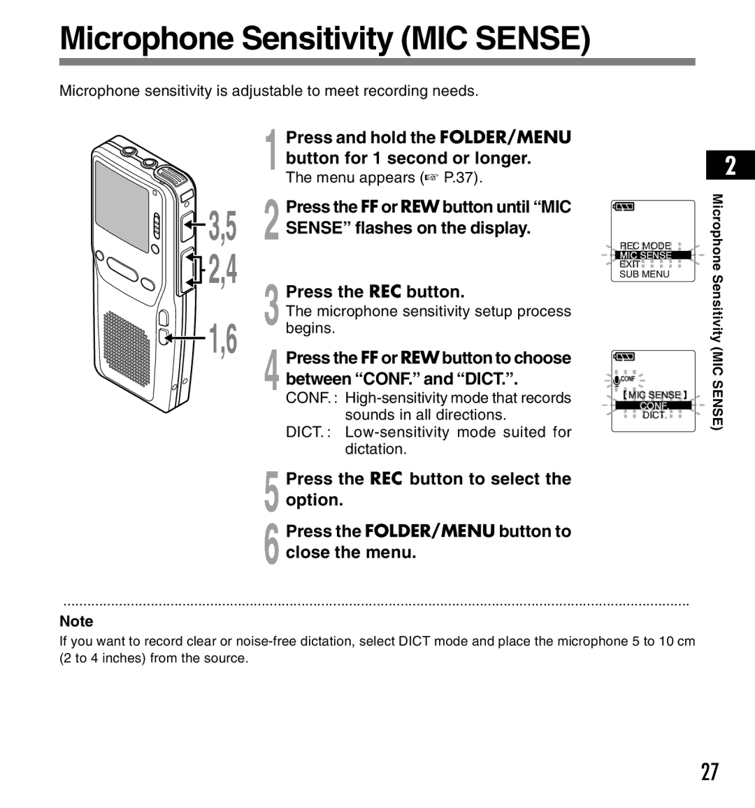 Olympus DS-3300 manual Microphone Sensitivity MIC Sense, 3Press the REC button 