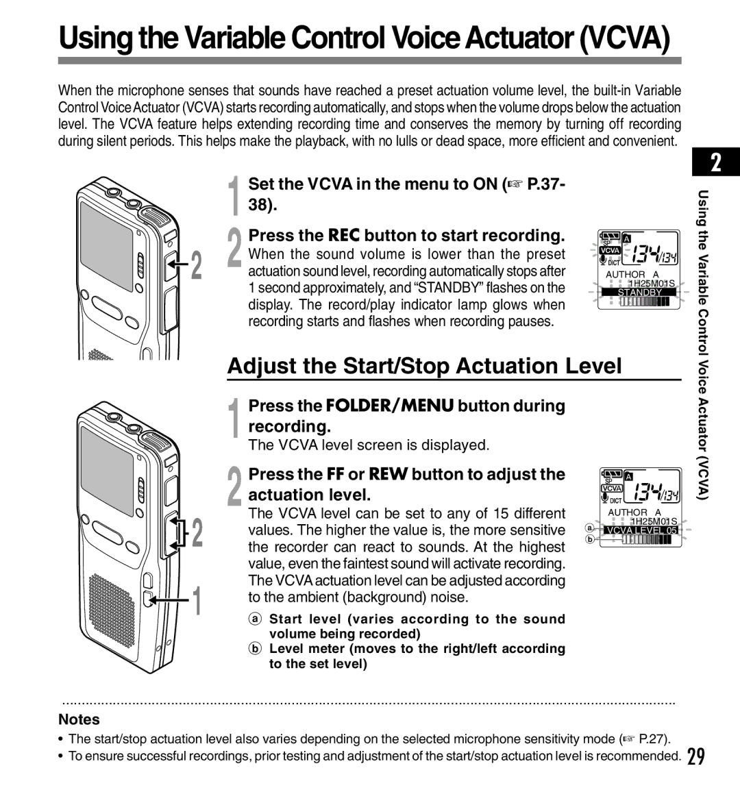 Olympus DS-3300 manual Adjust the Start/Stop Actuation Level, Set the Vcva in the menu to on P.37 