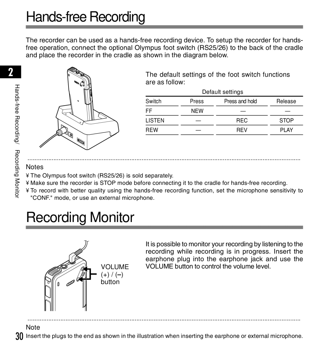 Olympus DS-3300 manual Hands-free Recording, Recording Monitor, Default settings of the foot switch functions are as follow 