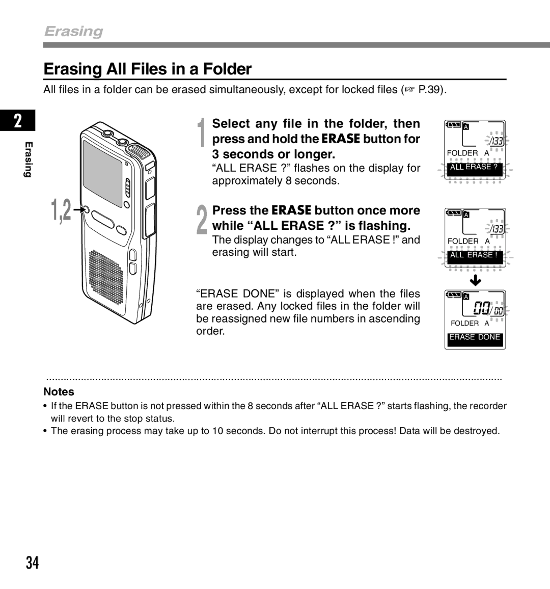 Olympus DS-3300 manual Erasing All Files in a Folder, Press the Erase button once more, While ALL Erase ? is flashing 