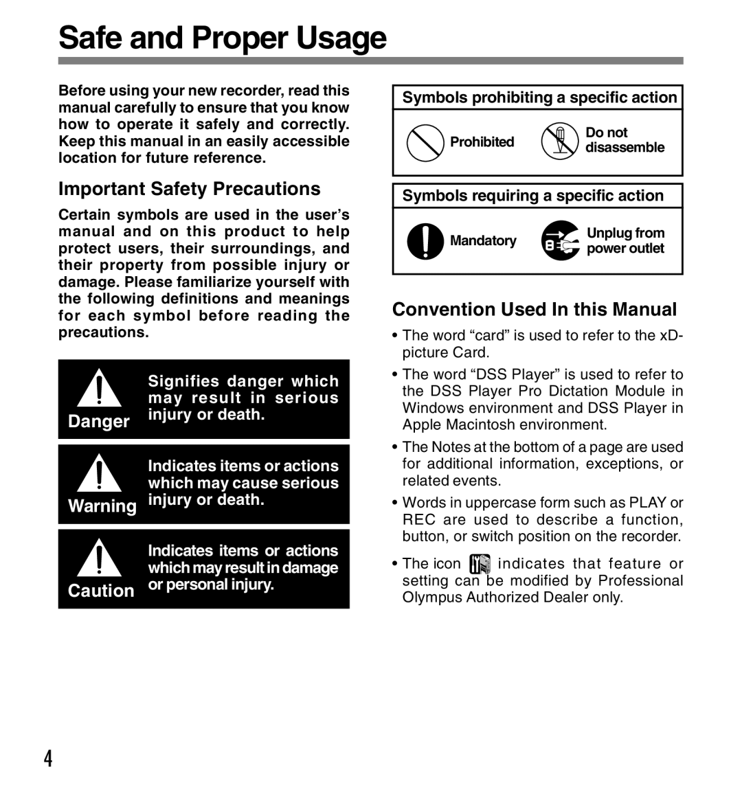 Olympus DS-3300 manual Safe and Proper Usage, Symbols prohibiting a specific action, Symbols requiring a specific action 