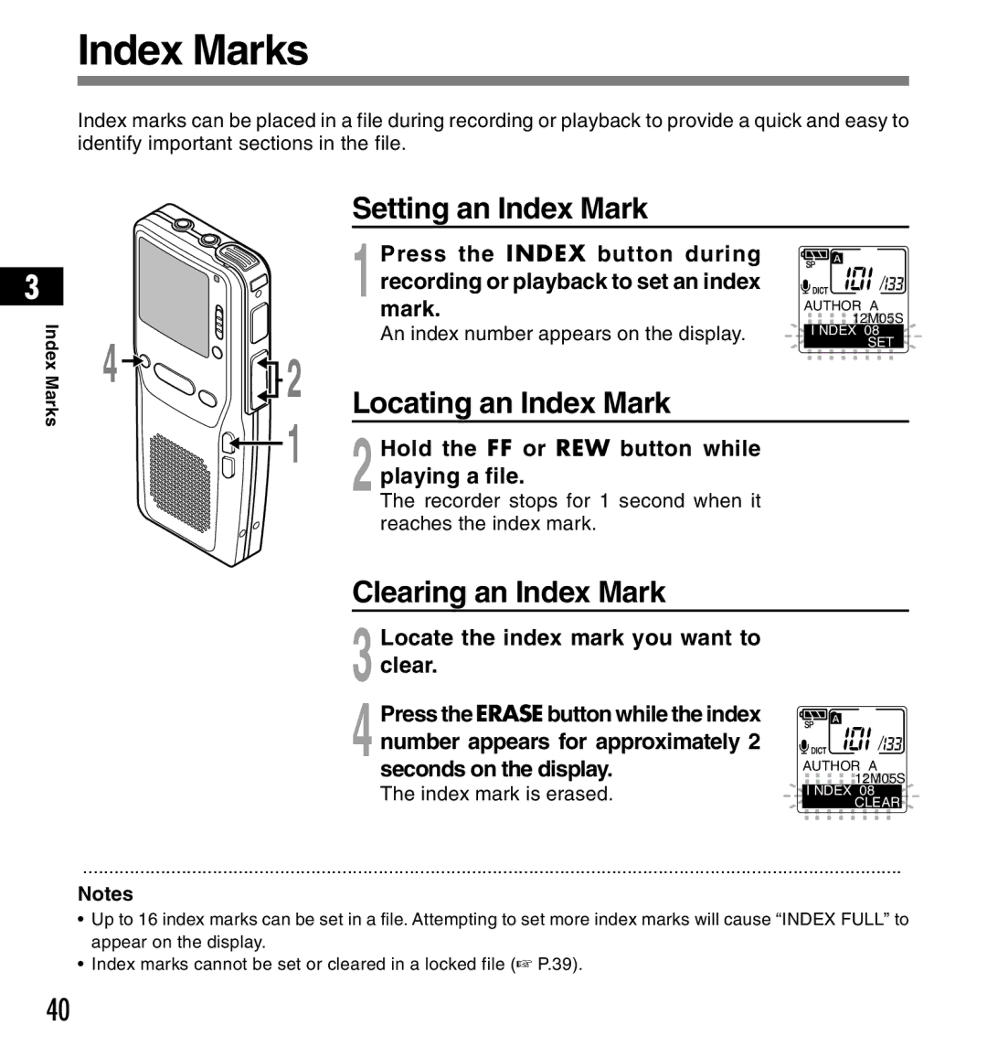 Olympus DS-3300 manual Index Marks, Setting an Index Mark, Locating an Index Mark, Clearing an Index Mark 