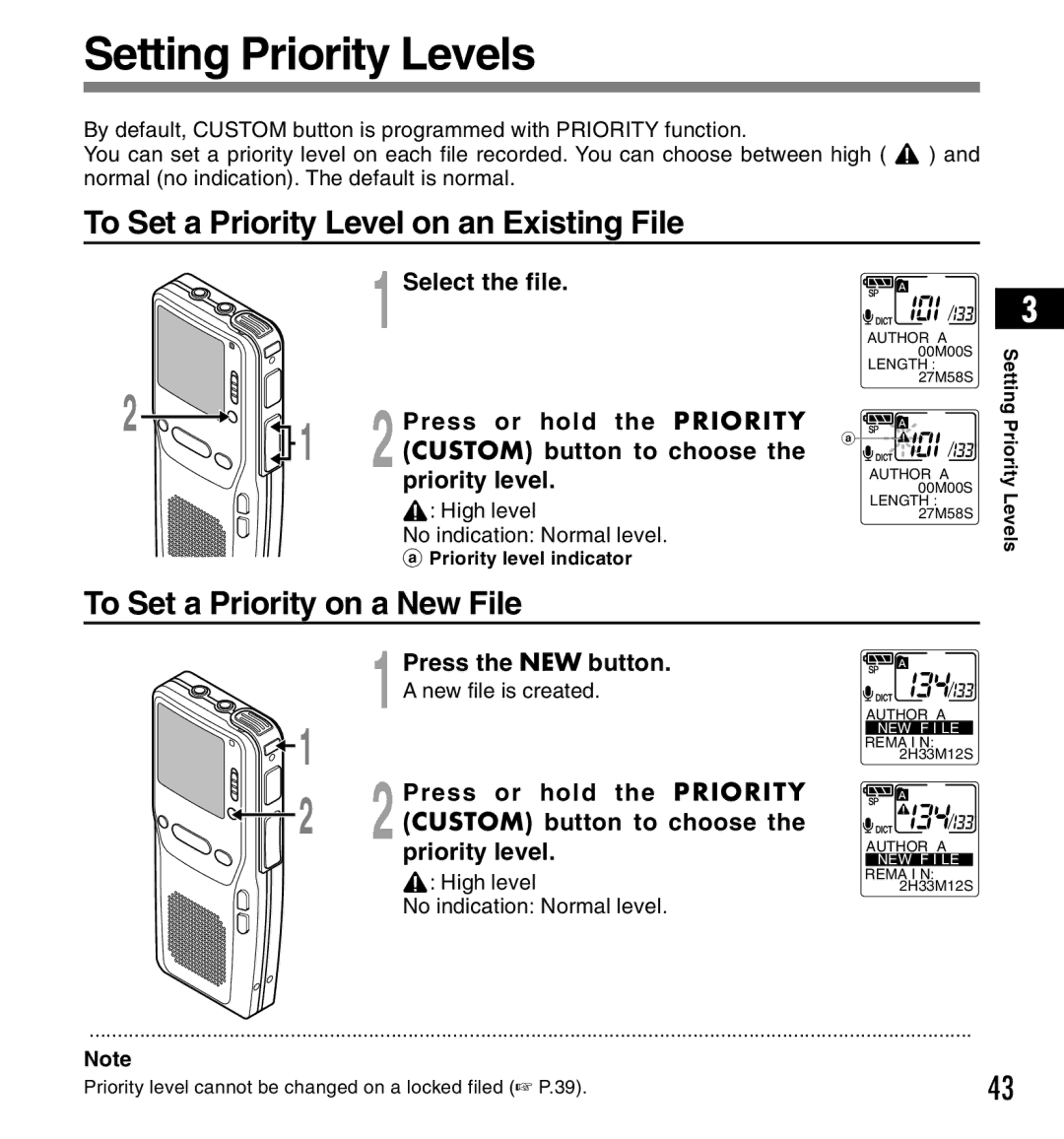 Olympus DS-3300 Setting Priority Levels, To Set a Priority Level on an Existing File, To Set a Priority on a New File 