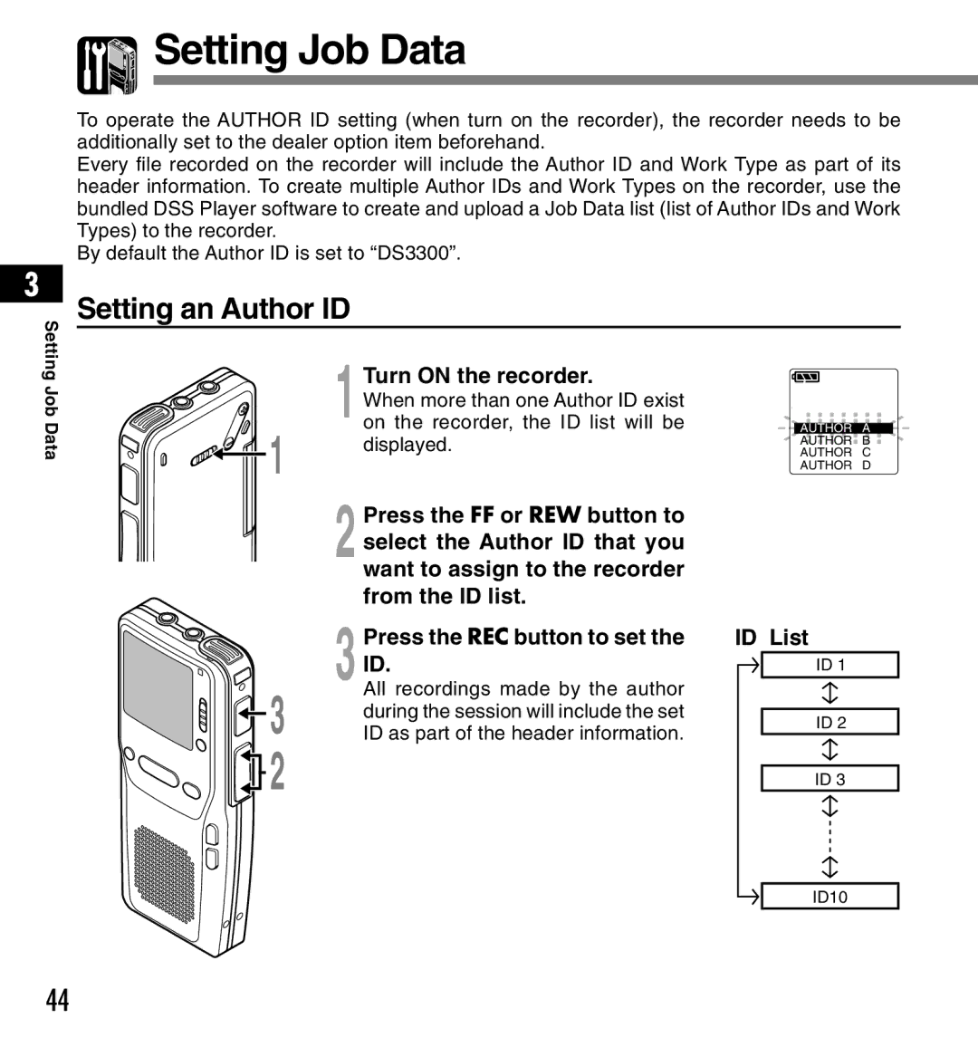 Olympus DS-3300 manual Setting Job Data, Setting an Author ID, 1Turn on the recorder, ID List 