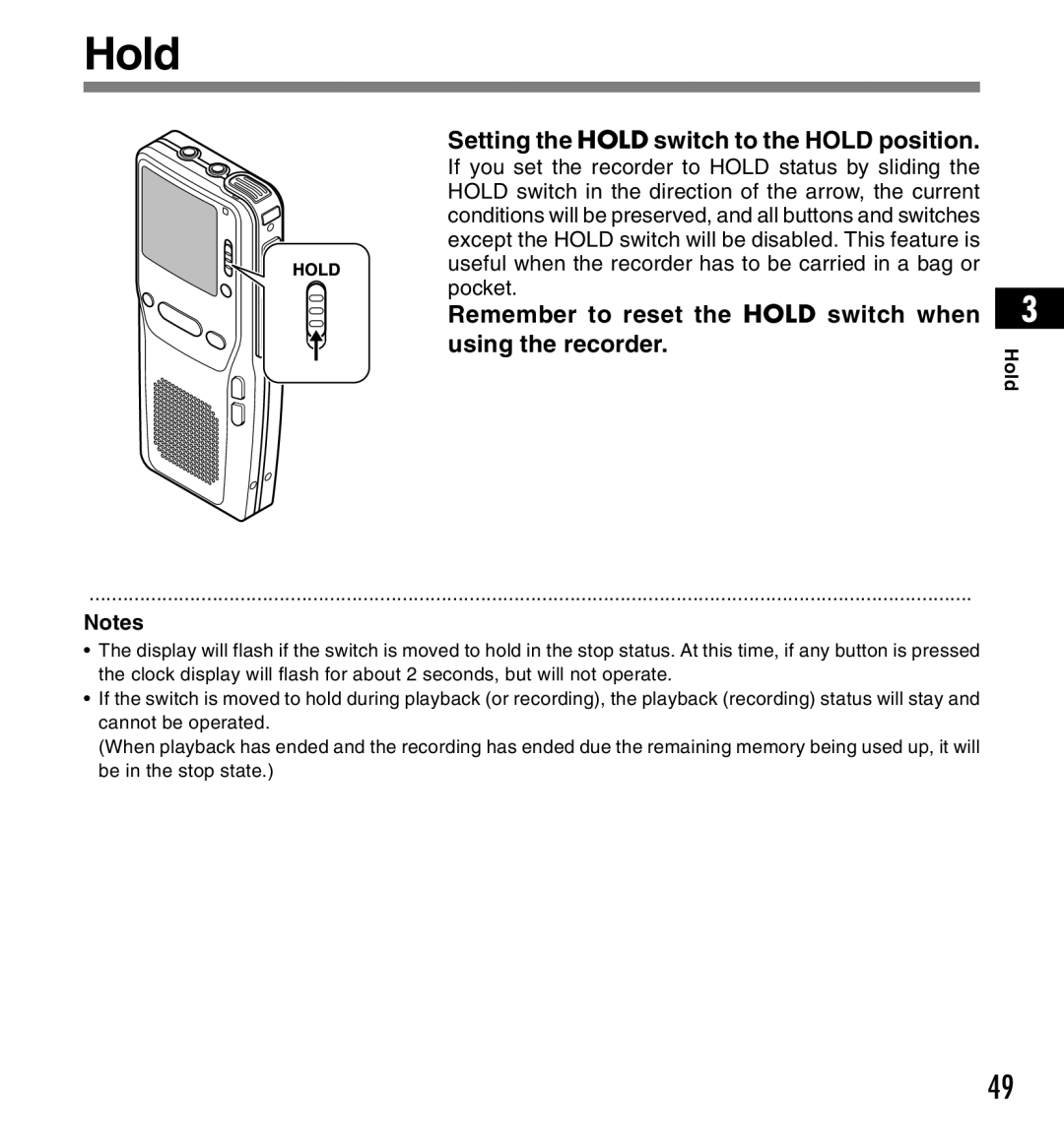 Olympus DS-3300 manual Setting the Hold switch to the Hold position 