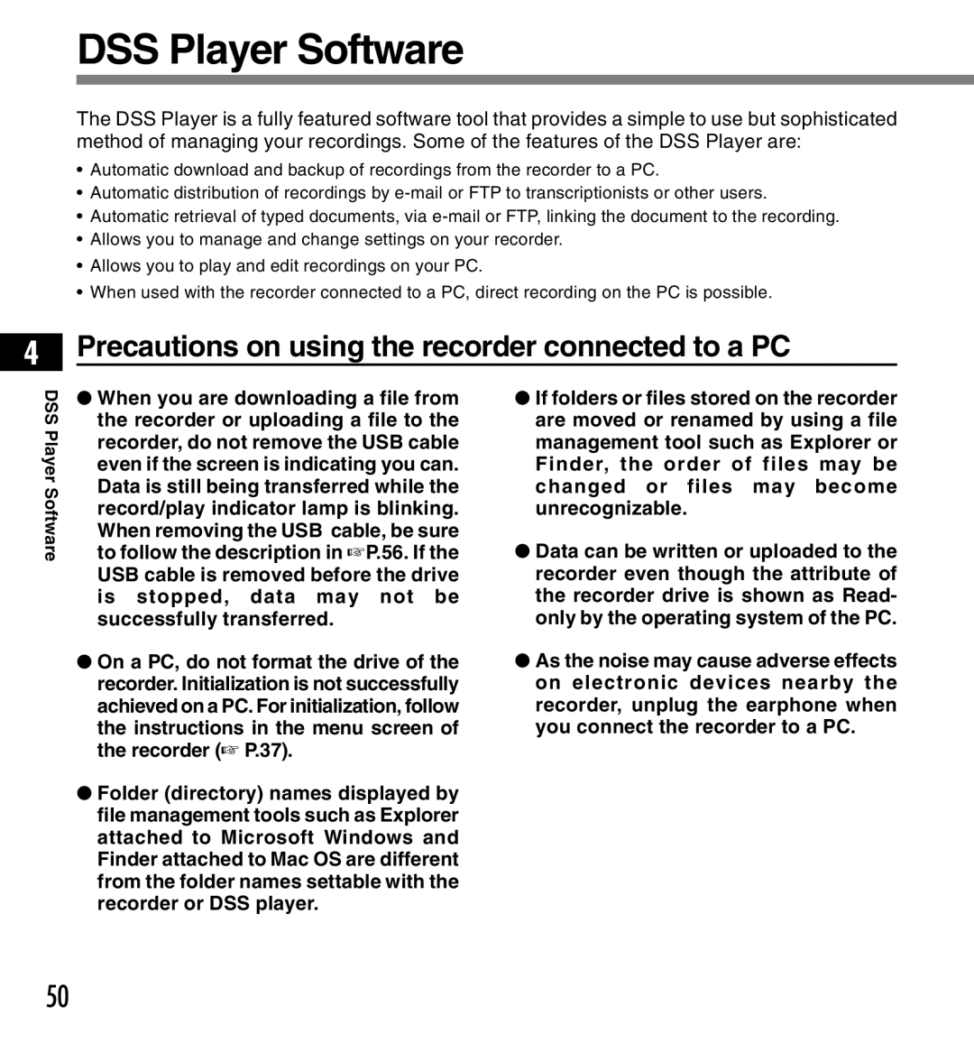 Olympus DS-3300 manual DSS Player Software, Precautions on using the recorder connected to a PC 