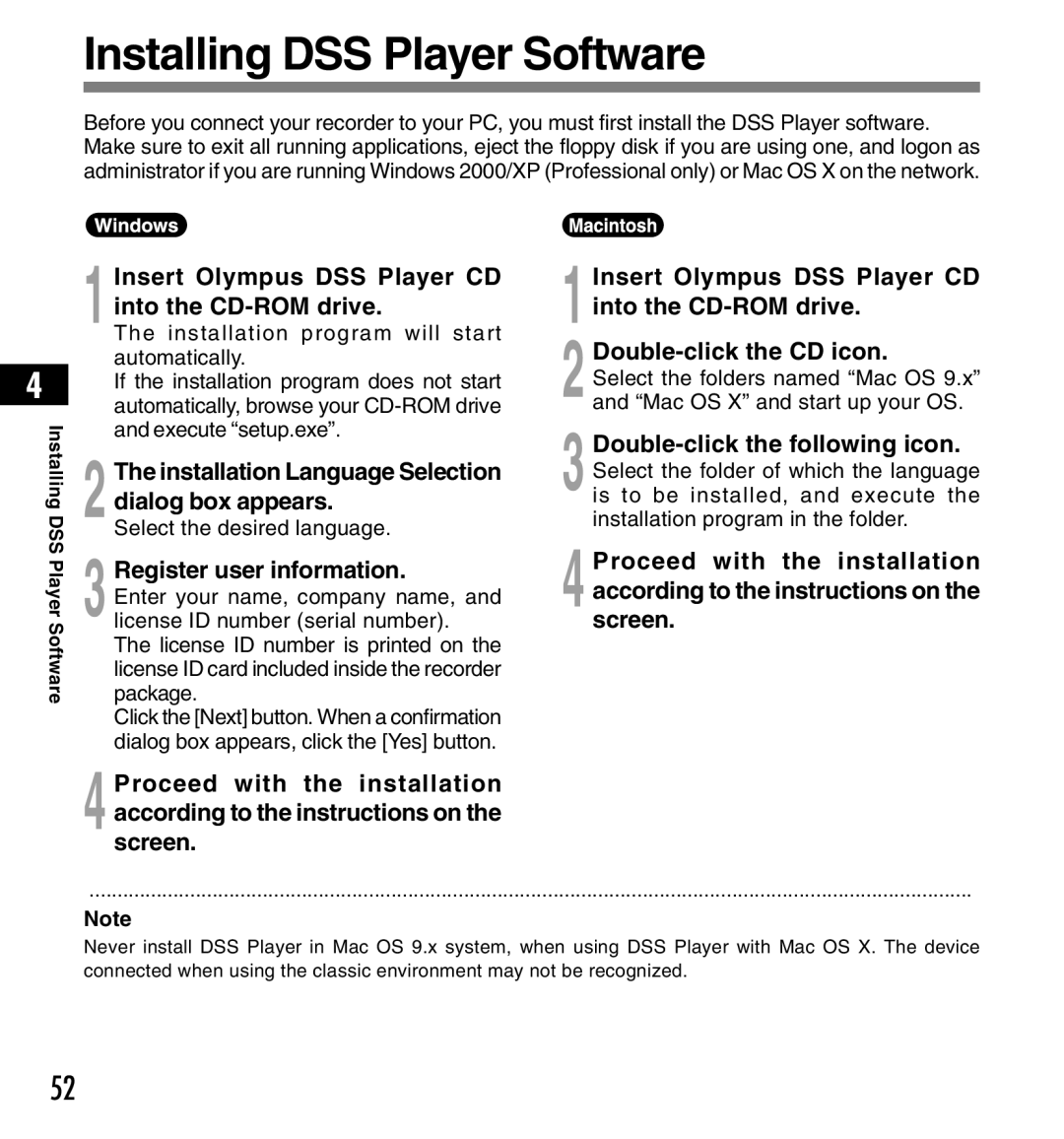 Olympus DS-3300 manual Installing DSS Player Software, 1Insert Olympus DSS Player CD into the CD-ROM drive 