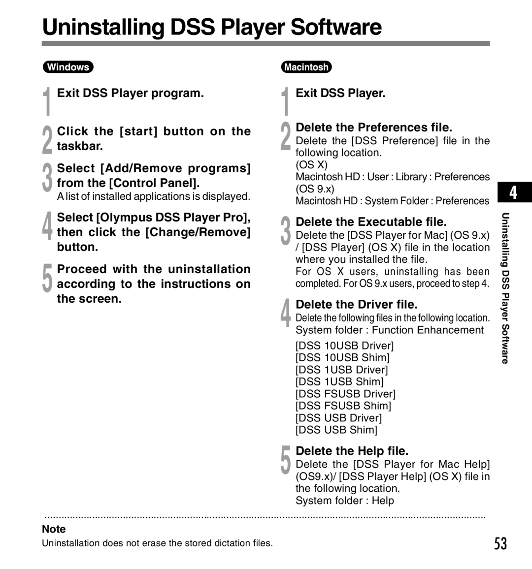 Olympus DS-3300 manual Uninstalling DSS Player Software, 3Delete the Executable file, 4Delete the Driver file 