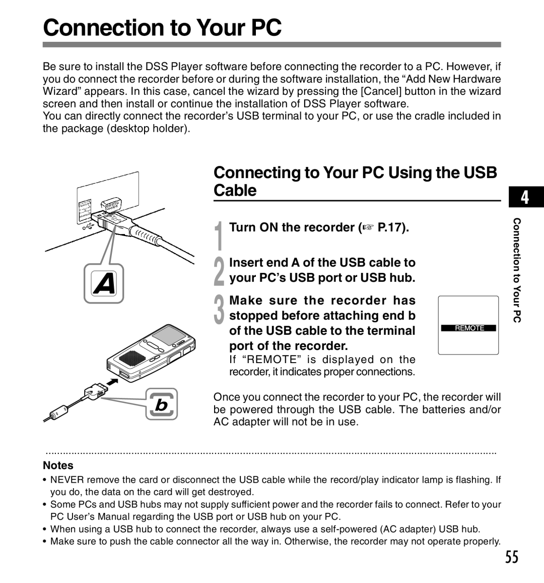 Olympus DS-3300 manual Connection to Your PC, Connecting to Your PC Using the USB Cable 