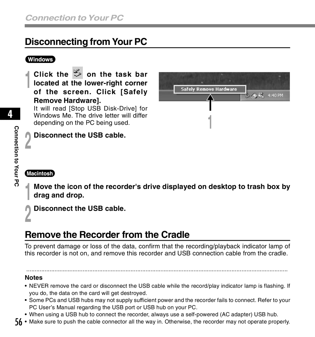 Olympus DS-3300 manual Disconnecting from Your PC, Remove the Recorder from the Cradle 